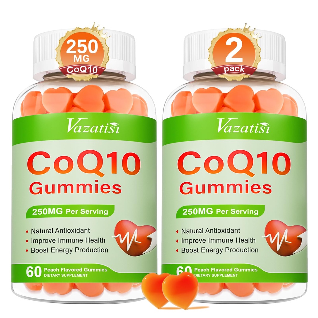 2 Pack CoQ10 Gummies 250 mg, Plus Omega-3, Magnesio, Vitamina B12 para Energía Celular, Cerebro y Antioxidante, 5X mejor absorción Coenzima Q10 Suplemento - 120 Cts