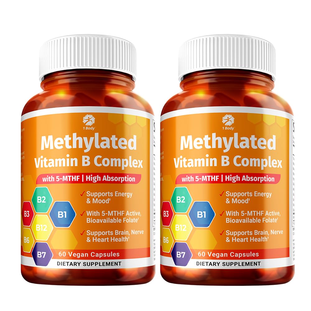 1 Body Vitamin B Complex Twin Pack – 5-MTHF Folate con B1, B2, B5, B6, Metil B12, Niacin, Biotina – 60 cápsulas