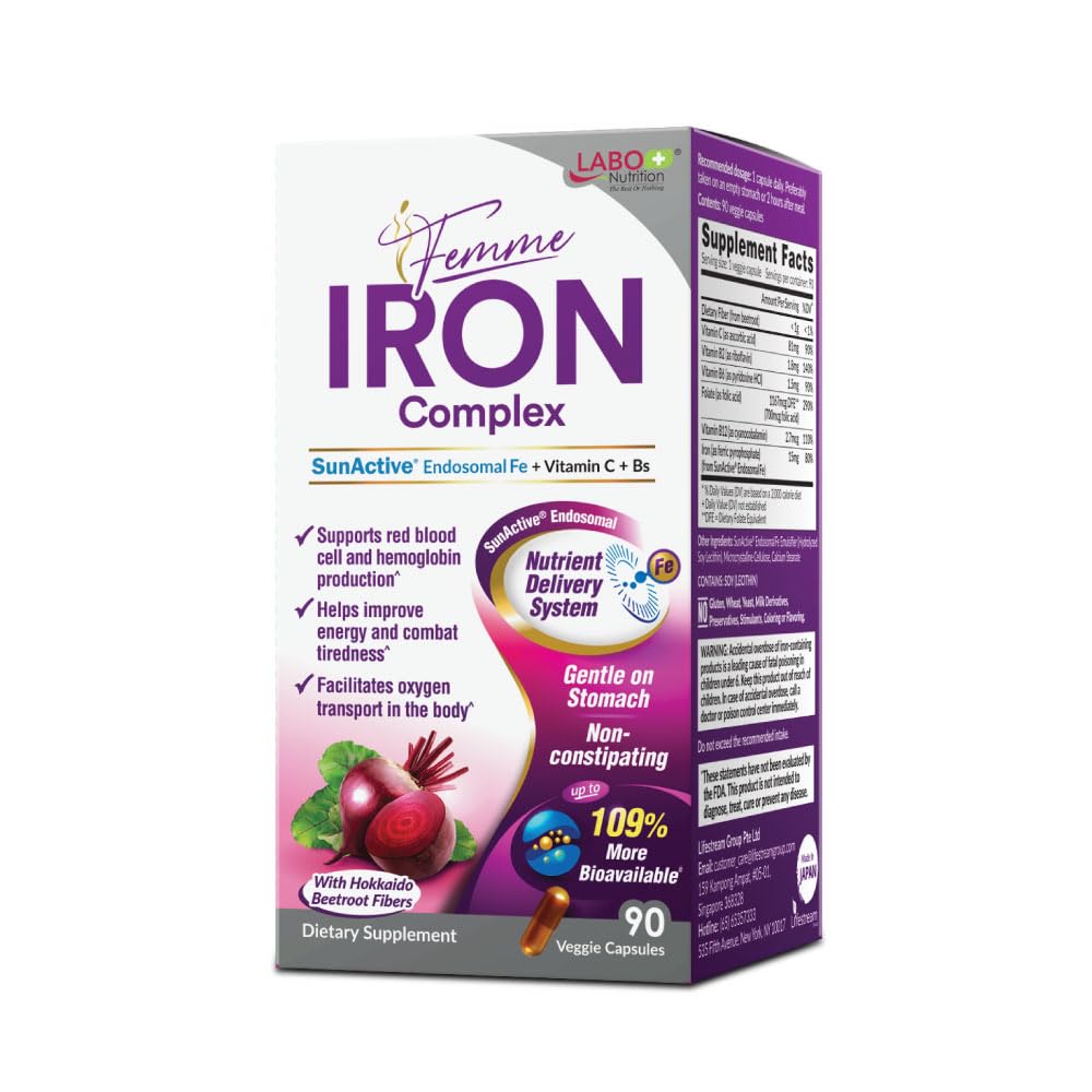 LABO Nutrition Femme Iron Endosomal SunActive, no irritante 15mg Iron Suplemento para Blood Builder, Vegan, Gentle, No Metallic Aftertaste, No Constipating, Ideal para Sensitive Stomachs, 90 Condes