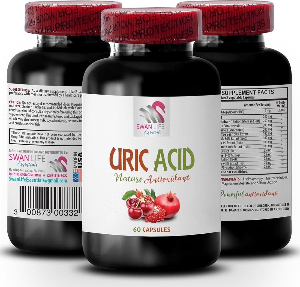 Natural Ways to Lower uric Acid - URIC Acid - Suplementos para ácido úrico, Suplementos al ácido úrico inferior, Extracto granado, Tart Cherry Juice, Tart Cherry Capsules, Tart Cherry Extract 1Bot 60Caps