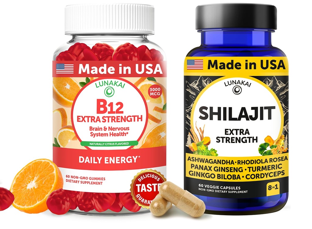 Lunakai USA Made B12 Gummies " Shilajit Capsules Bundle – Extra Strength Daily Energy " Wellness Support