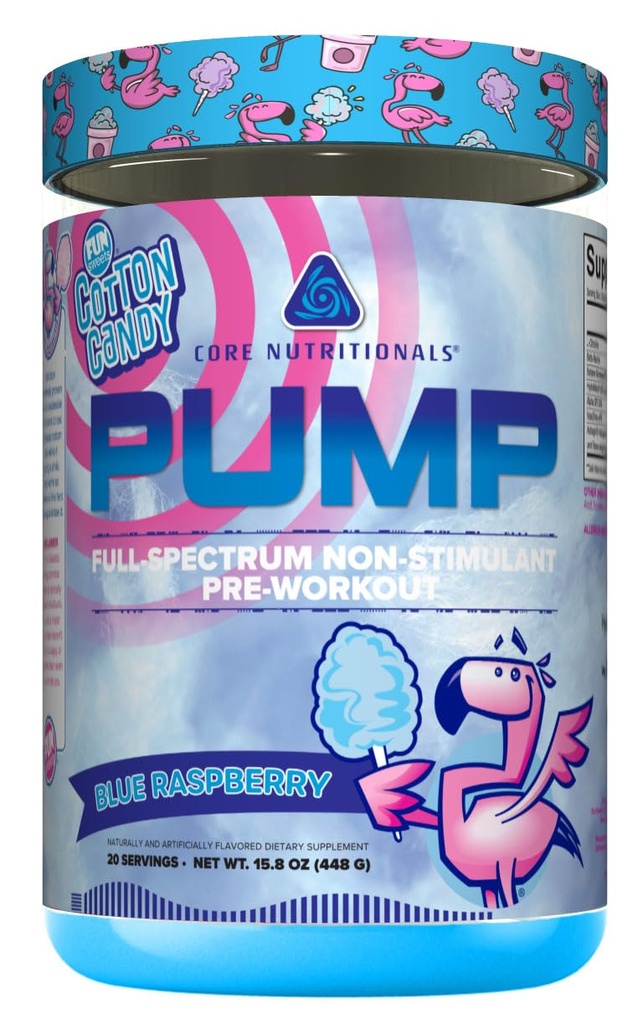 Core Nutritionals Pump Full-Spectrum Non-Stimulant Pre-Workout, with N03T Nitrate, Peak02, Alpha GPC, for Maximum Pump, Strength, and Performance 20 Servings (Fun Sweets Cotton CandyTM Blue Raspberry)