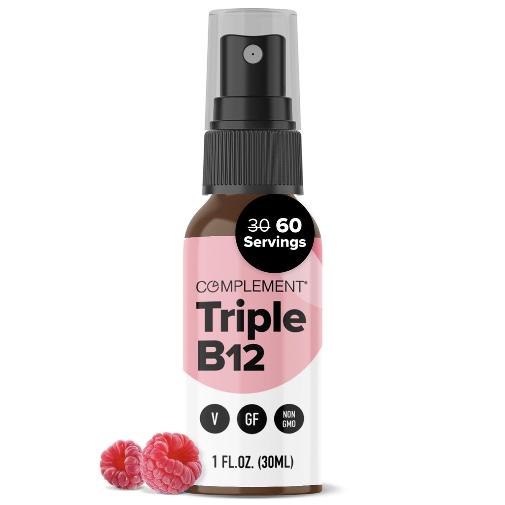 Complemento Vegan Vitamina Triple B12 Liquid Spray- 1500 mcg Blend (60 Servings) Raspberry Flavor- Enhanced Absorption, Energy, Mood, Nervous System, Cognitive Function for Kids &amp; Adults