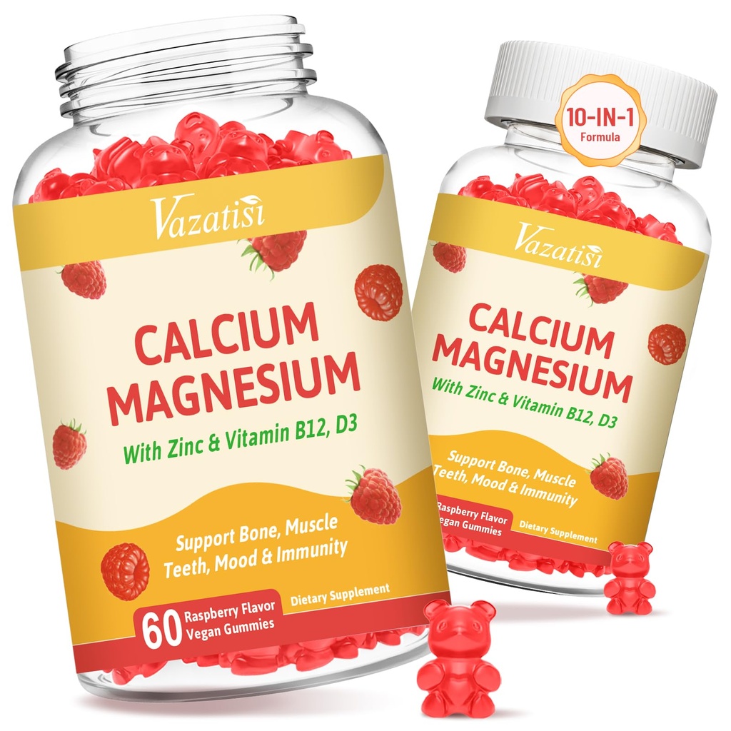 2 Pack Calcio Gummies con Magnesio, Zinc, Vitamina D3 &amp; B12, Suplementos de Calcio para Mujeres Hombres, Bono de Apoyo, Musculo e Inmunidad, 120 Vegan Raspberry Flavor Gummies