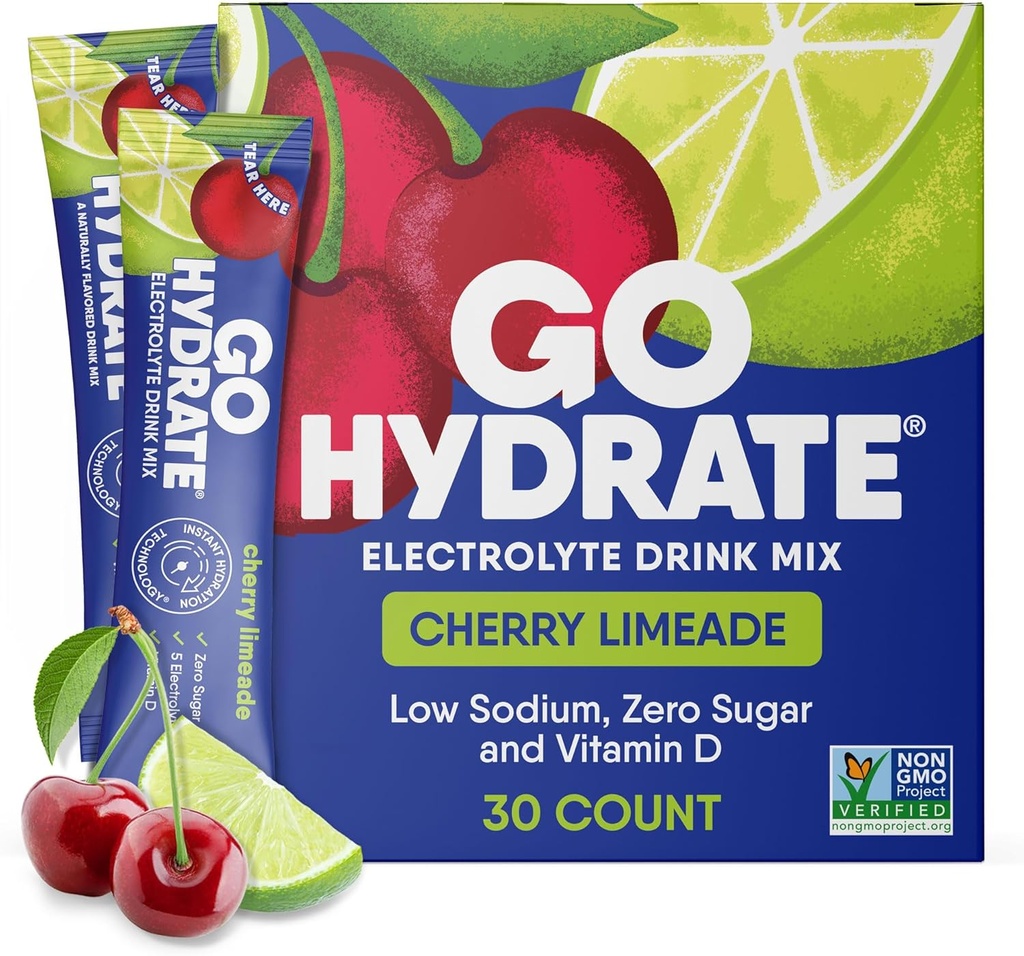 GoHydrate Low Sodium Electrolytes Powder Packets Sugar Gratis - Instant Hydration Daily Drink Mix - Zero Sugar Water Flavor Packet Singles with Vitamin D - (Cherry Limeade, 30 Packs)