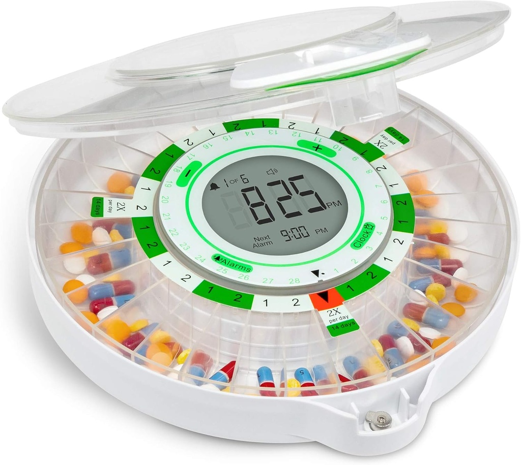 Dispensador automático de píldoras en vivo de 28 días con pantalla LCD actualizada, bloqueo clave, sonido " luz para las recetas, medicamentos, vitaminas, suplementos "