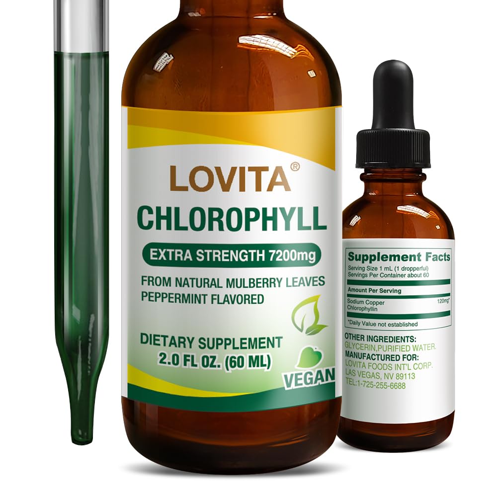 Lovita Chlorophyll Liquid Drops, High Potency 120 mg/mL, 7,200 mg por Bottle, Natural Energy Booster &amp; Immune Support, Internal Deodorant, Skin Health, Vegan " Non-GMO, Mint Flavor, 60 Serviciones 2 Oz
