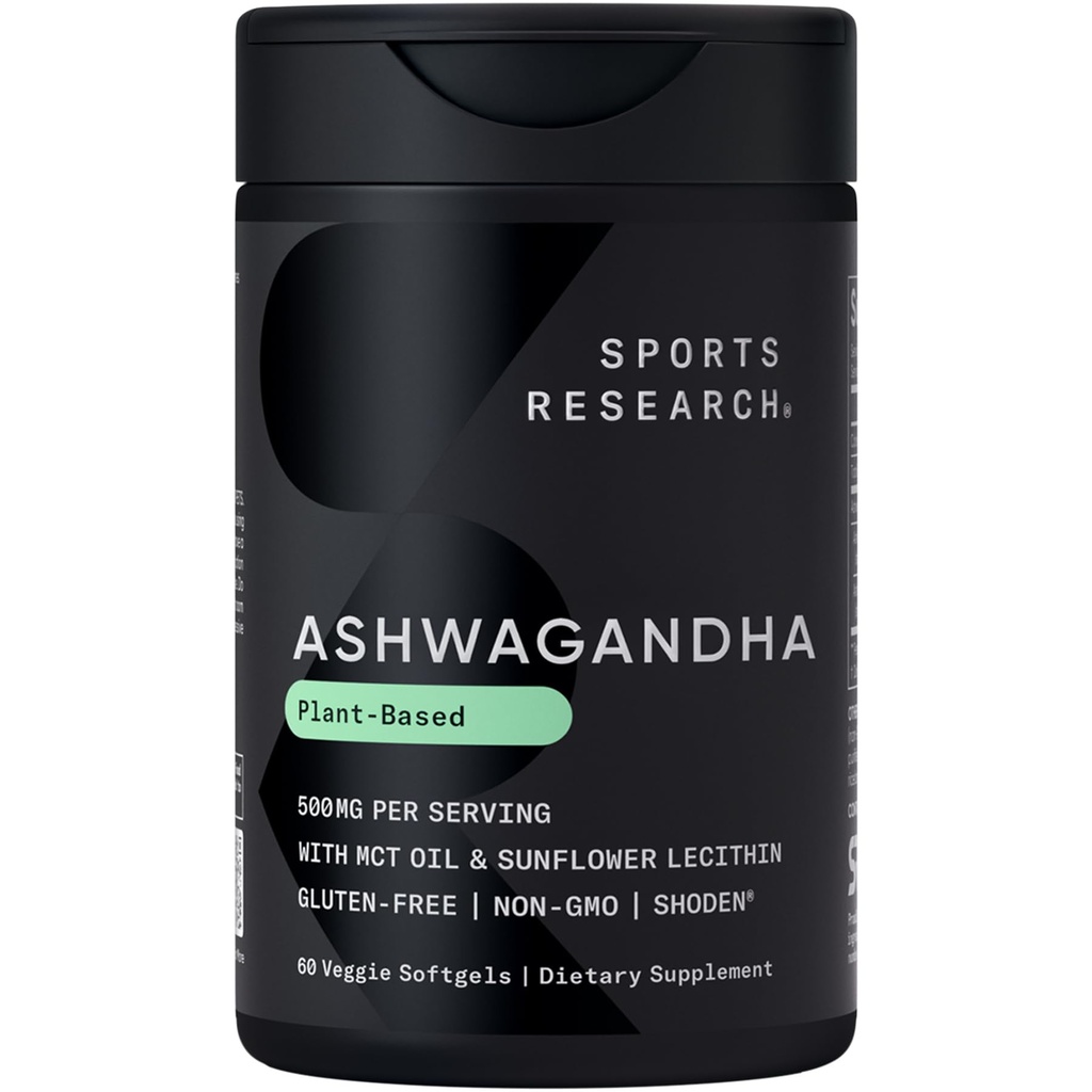 Sports Research® Ashwagandha Softgels with Coconut MCT Oil - Natural Adaptogen Made with Shoden® Ashwa for Relaxation, Calm &amp; Sleep Support - Gluten Free & Vegan Friendly - 60 Count