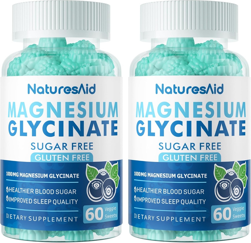 Magnesio Glycinate Gummies 1000mg - Suplemento de Potasio de Magnesio Libre de Azúcar con Vitamina D, B6, CoQ10 para calma Mood &amp; Sleep Support - 120 Blueberry Gummies -2 Pack