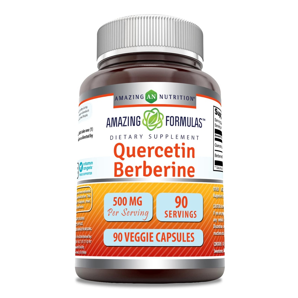 Amazing Formulas Quercetin Berberine - 250mg Berberine y 250mg Quercetin, 90 Veggie Capsules Suplemento ← Non-GMO ANTE Gluten Free ← Hecho en EE.UU.