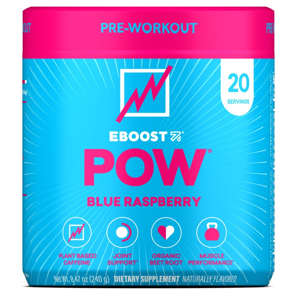 EBOOST POW Natural Pre Workout Powder – 20 Servings - Blue Raspberry - Un suplemento de PreWorkout para el rendimiento, Soporte de Movilidad Conjunta, Energía - Hombres y Mujeres - No Gluten-Free, No Creatine