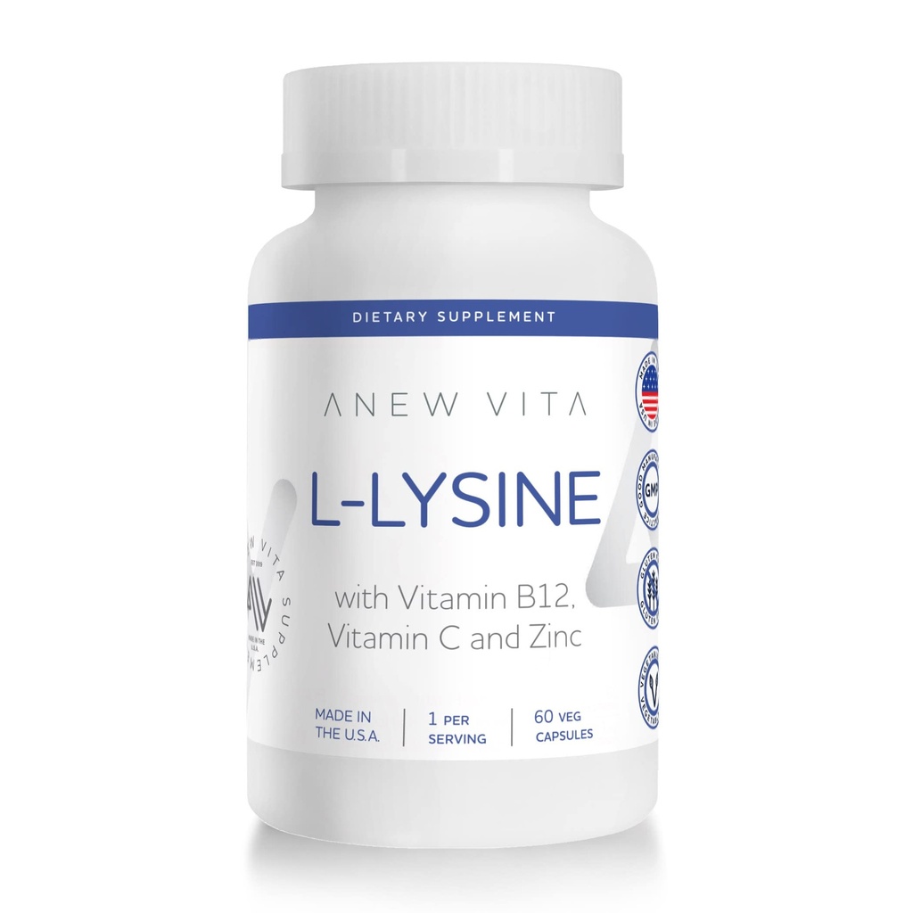 Suplemento L-Lysine con Vitamina B12 + C + Zinc para Lip, Mouth y Oral Tissue Health - Mayor Wellness Support - Non-GMO, Gluten-Free - Made in USA - 60 cápsulas vegetales, 500 mg