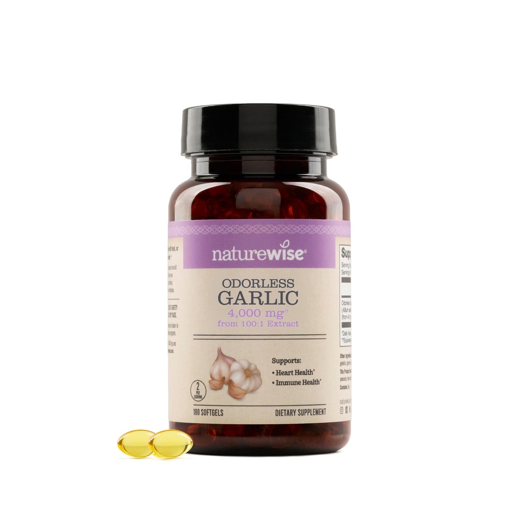 NatureWise Odorless Ajo Suplemento 4000mg - Ultra Potent 100:1 Extract - Healthy Cholesterol Formula, Heart Health Support - Non-GMO, Gluten Free, with Halal Gelatin - 180 Count[90-Day Supply]