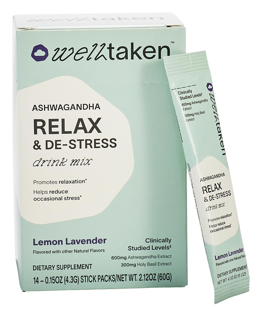 Ashwagandha Relax " De-Stress Powder - Lemon Lavender 14ct Box - 600mg Ashwagandha, 200mg L-Theanine, Holy Basil – Apoya el estrés, la relajación – Vegan, No Añadido Sugar - 14 Servings