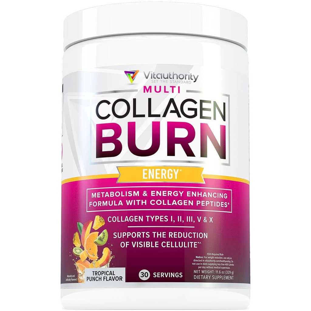 Multi Collagen Burn: MultiType Péptidos de proteína hidrolizada con ácido hialurónico, vitamina C, SOD B Dimpless, Tipos I, II, III, V y X, con Caffeine 30 Servidores Tropical Punch Flavored