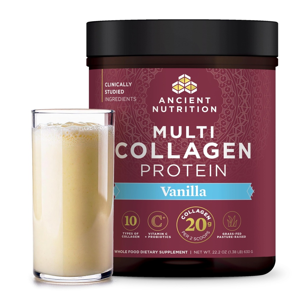 Péptidos antiguos de colágeno de nutrición Polvo, Proteína multi colágeno, Hombres de mujeres, vitamina C, Probióticos, Collagen hidrolizado, soporta la piel, articulaciones, salud de Gut, vainilla, 60 servicios