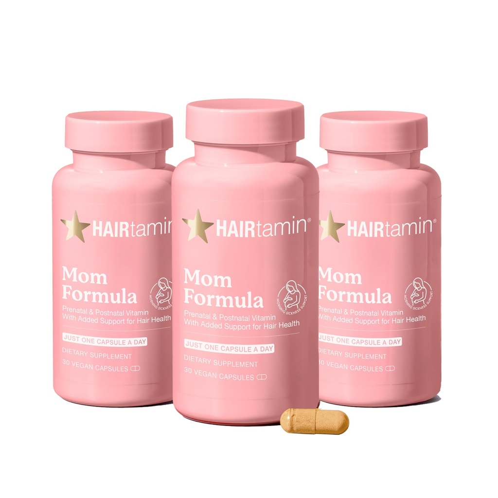 HAIRtamin MOM Vegan Prenatal ' Postnatal Multivitamin Capsules ' Hair Vitaminas, Postpartum, Breastfeeding, Hair Nails, and Skin Vitamins for Women with Biotin, Zinc, Iron (3-Pack)