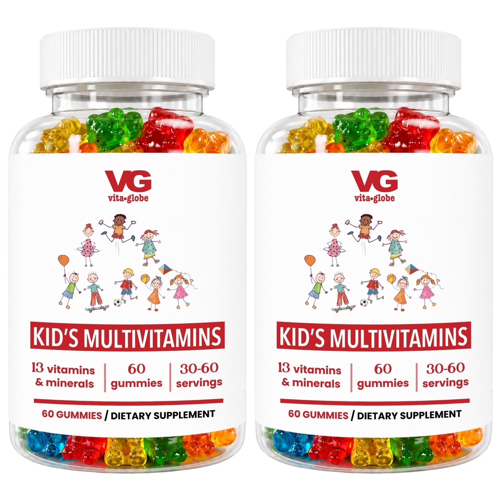 VITA GLOBE Kids Complete Multivitamin Gummies – con vitaminas A, C, D, E, B6 &amp; B12 Silencio diario, crecimiento y bienestar Soporte ← Gran Tasting Chewable Suplemento para niños – 120 Conde (Pack of 2)