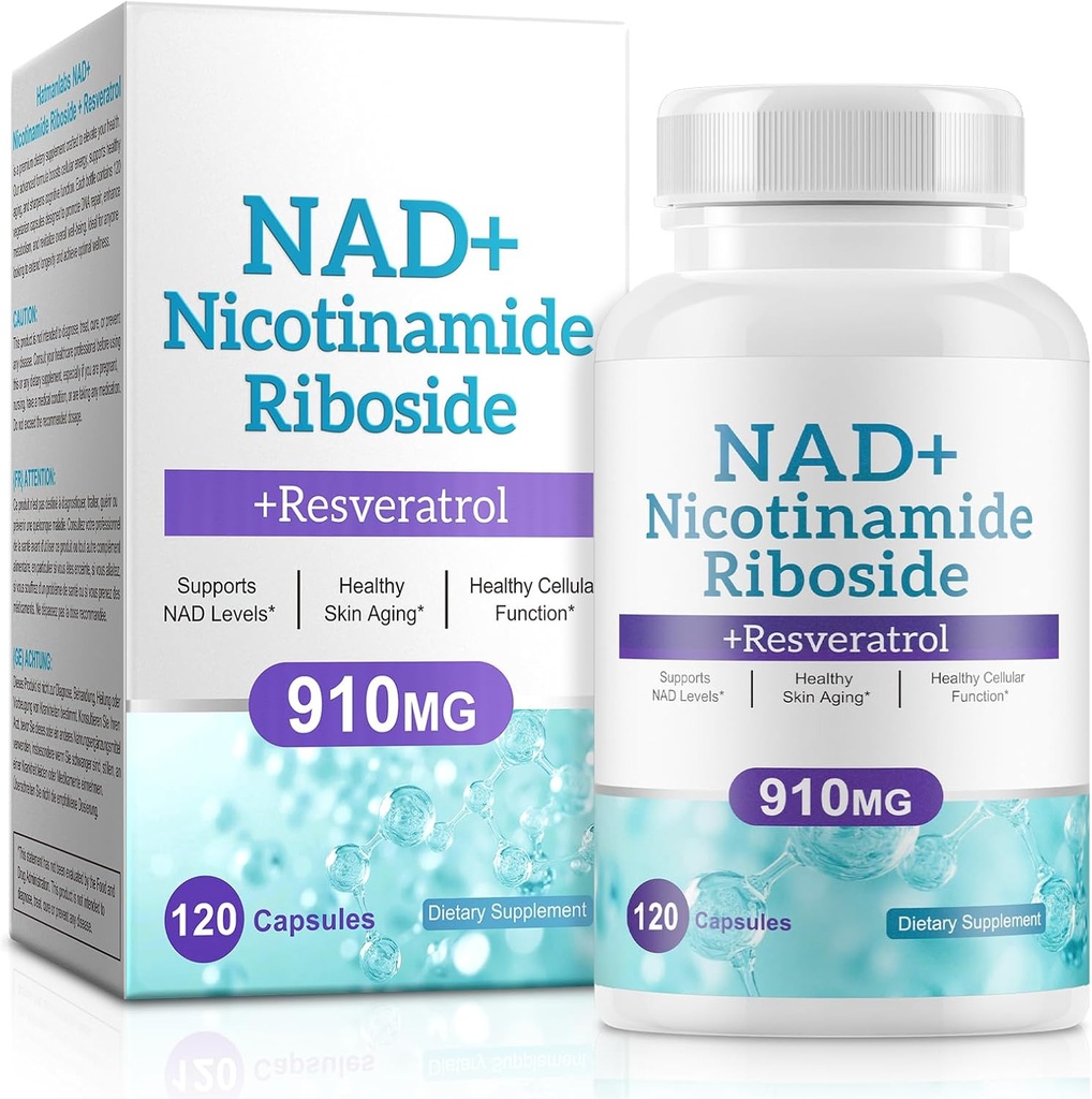 Suplemento NAD para hombres y mujeres - Liposomal Nicotinamide Riboside, Quercetin, NAD+ Suplemento con Resveratrol 910mg - Apoyos Muscle, Brain, Energy, 120 cápsulas