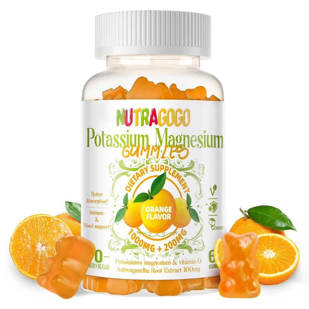Potasio Magnesio Gummies,Potasio Suplemento w/Ashwagandha,Alta Absorción Magnesio Glycinate,B6,D3, Citrato de Potasio para cáñamo de las piernas,Muscle,Electroyte para adultos Niños,Sin azúcar, 60 Gummies