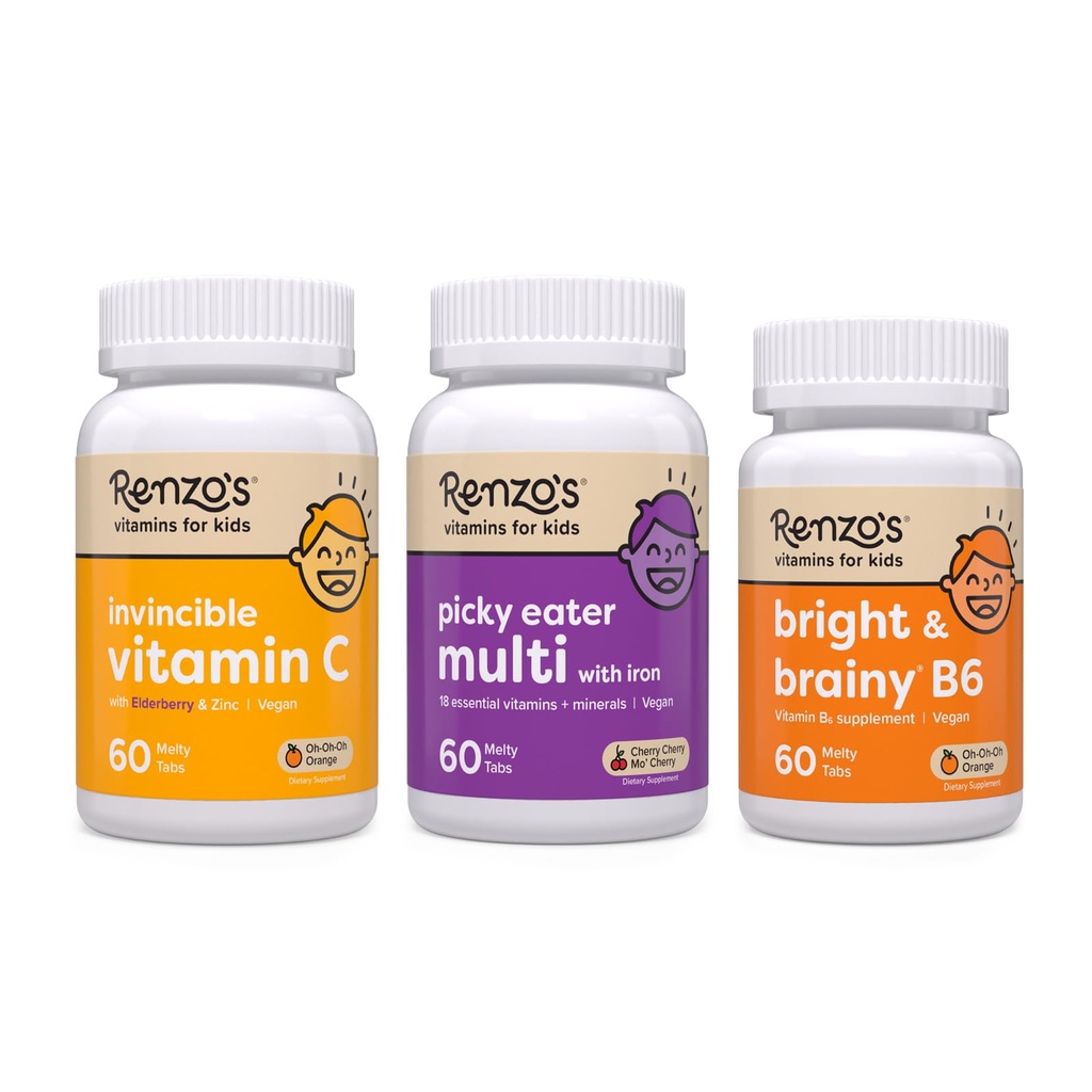 Vitaminas de Renzo Volver a la escuela Bundle, Bright &amp; Brainy Vitamina B6, Picky Eater Kids Multivitamin, y Kids Vitamina C con Elderberry & Zinc para soporte de inmunología