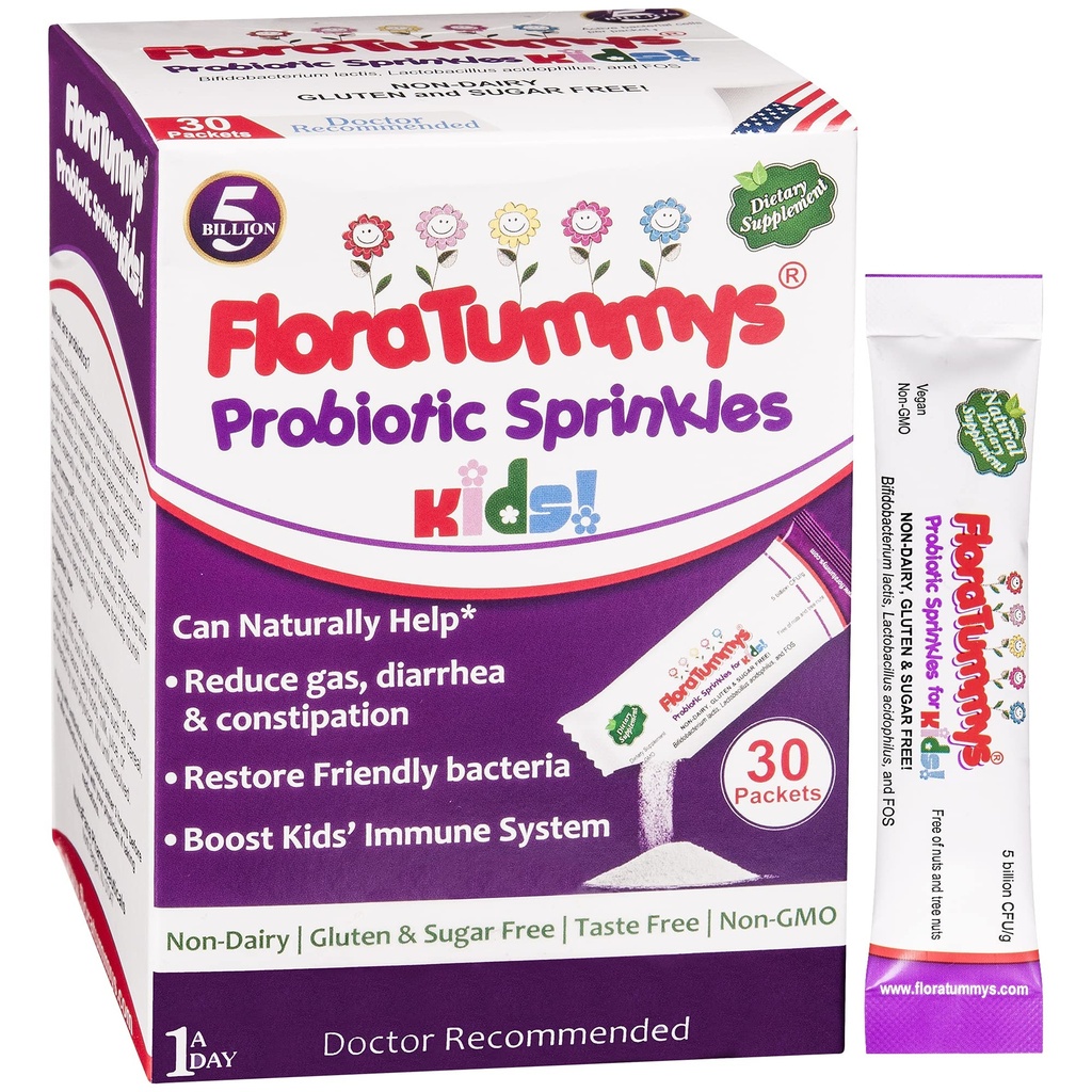 FloraTummys Probióticos para Niños: 30 Packets de Polvo Libre de Sabores, Libre de Alérgenos Alimentarios, No-Dairy, Libre de Pegamento, Libre de Azúcar, No-GMO, Vegan