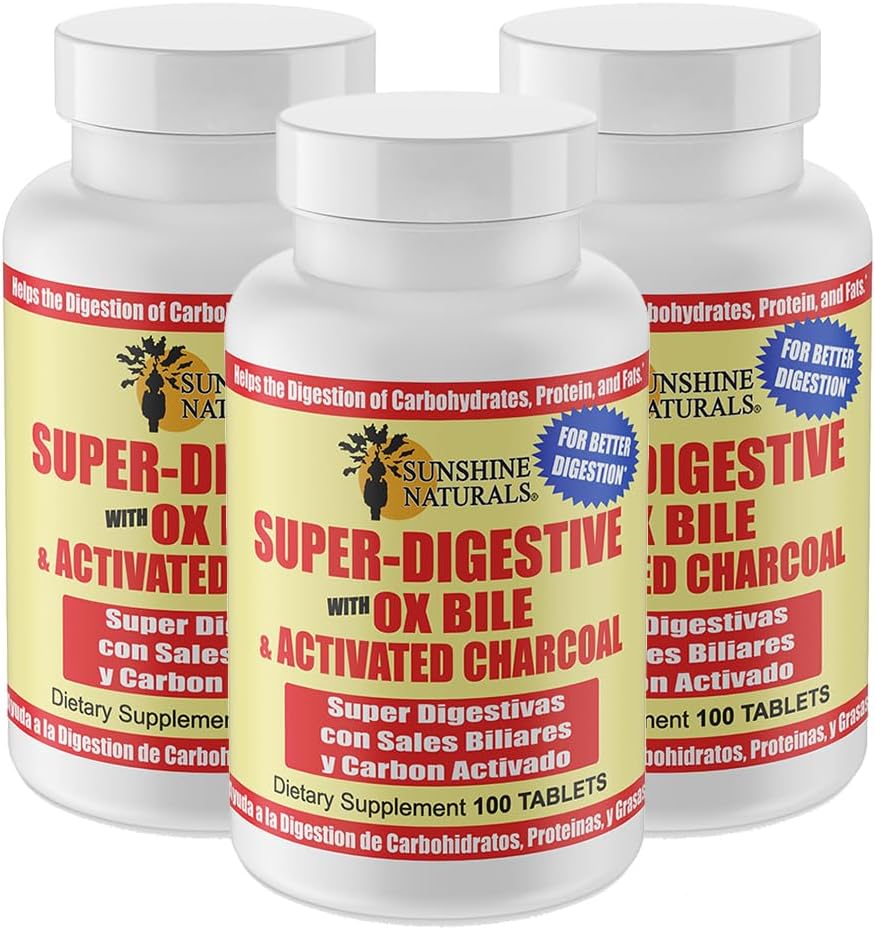 Sunshine Naturals Super Suplemento Digestivo. Ox Bile " Activated Charcoal for Digestive Support, Bloating Relief, Gut Cleanse, Nutrient Absorption, and General Wellness. 100 Tabletas. Paquete de 3