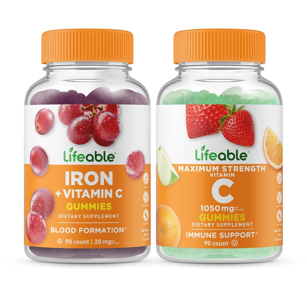 Hierro salvavidas con vitamina C + vitamina C 1050mg, Gummies Bundle - Gran Tasting, Suplemento de vitamina, Gluten Gratis, GMO Gratis, Chewable Gummy