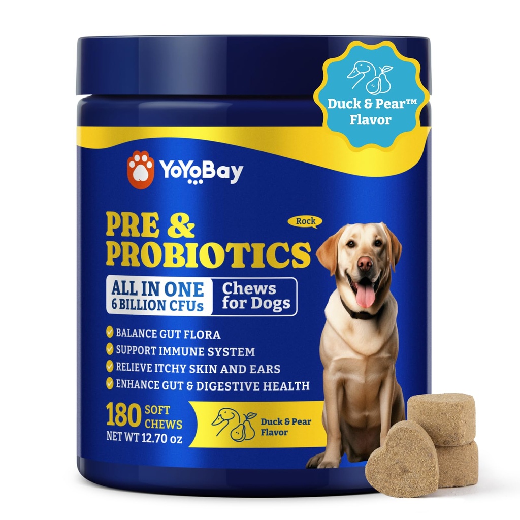 Probióticos para perros - Probióticos para perros para la salud digestiva, levadura, picazón, Gut Health, Immune & Skin - 6 millones de CFUs, 180 cerdas suaves, pato &amp; Pear Flavor - con prebióticos & enzimas digestivas