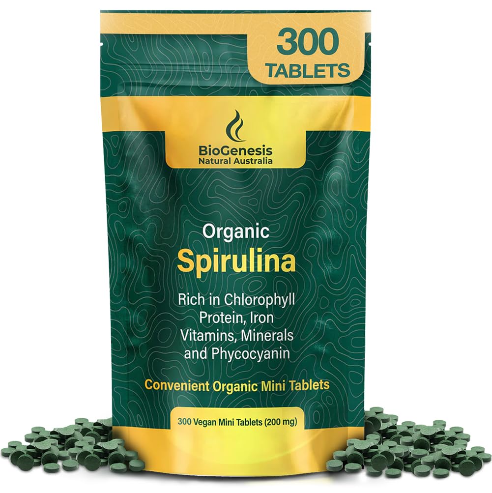 Biogenesis Organic Spirulina Mini Tablets – 300 Conde (200 mg) peru Australian Grown Blue-Green Algae ← Rich in Phycocyanin, Chlorophyll &amp; B Vitaminas ← Soporta energía diaria e inmunidad ← Vegan Mini Tabs