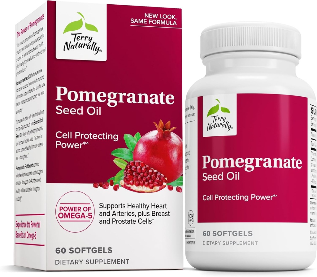 Terry Naturalmente Pomegranate Seed Oil - Suplemento Dietario de Apoyo a la Salud Cardiovascular - Suplemento Herbal Non-GMO con Omega-5 &amp; Extracto Pomegranado - 60 Softgels