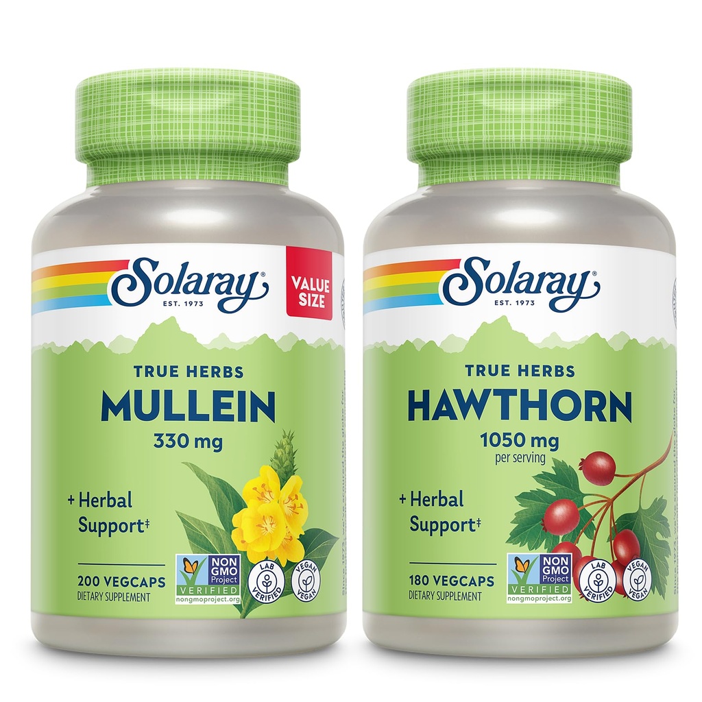 SOLARAY Mullein Leaf 330 mg y Hawthorn Berry capsules 1050 mg - Soothing Herbal Support Bundle for General Health and Wellness - Vegan, Non-GMO, 60-Day Guarantee, Lab Verified, 200/180 VegCaps