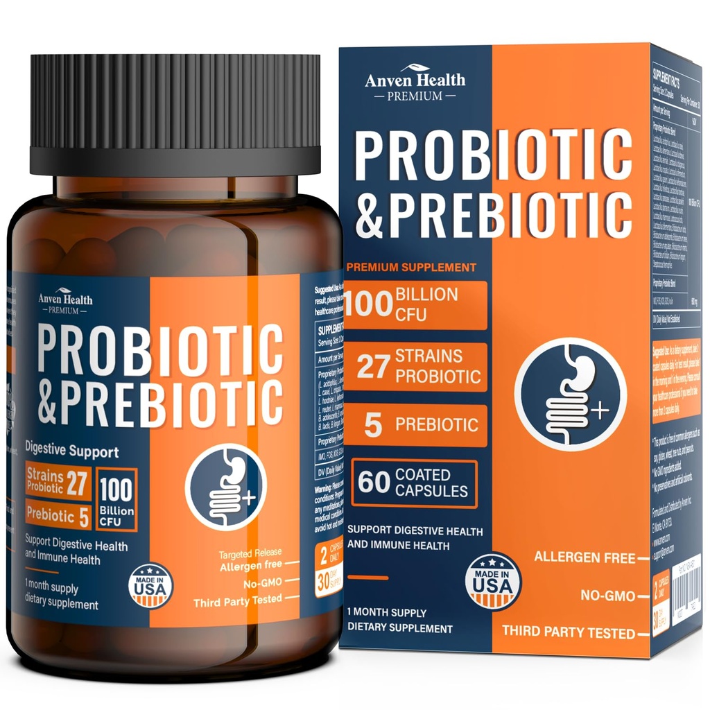 Probióticos de 100 millones para hombres y mujeres 27 Estrados 5 Prebióticos Orgánicos para la Salud Gut Digestivo &amp; Inmune, Apoyos Bloating de gas de diarrea, No GMO, Zero Fillers – Hecho en USA6060 Caps