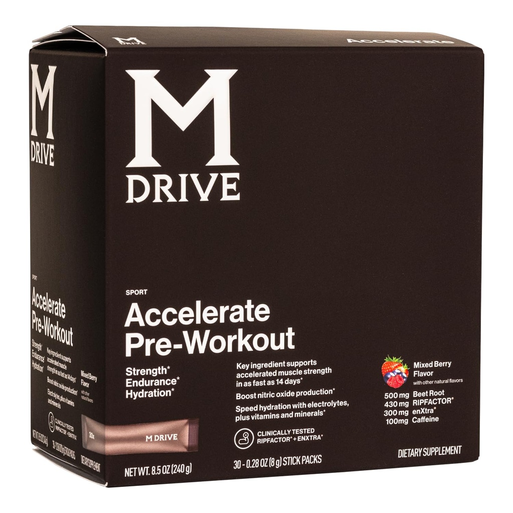Mdrive Acelerar Polvo de Pre-Workout, Packets de Servicio Único, Berry mixto, 30 Cuenta (Estimulante, Berry mixto)