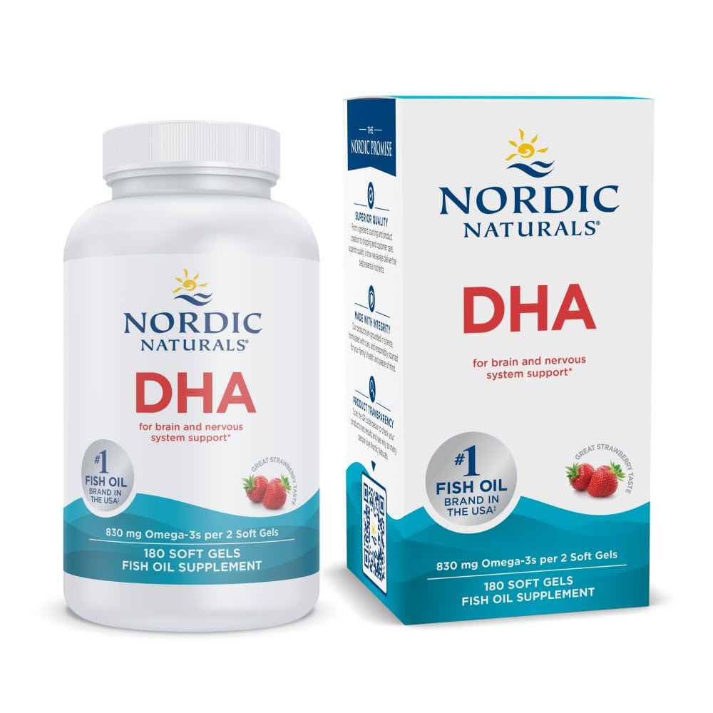 Naturales nórdicos DHA, Fresa - 180 Gels blandos - 830 mg Omega-3 - Alta intensidad DHA Fórmula para el soporte del sistema nervioso y cerebral - No GMO - 90 Servimientos