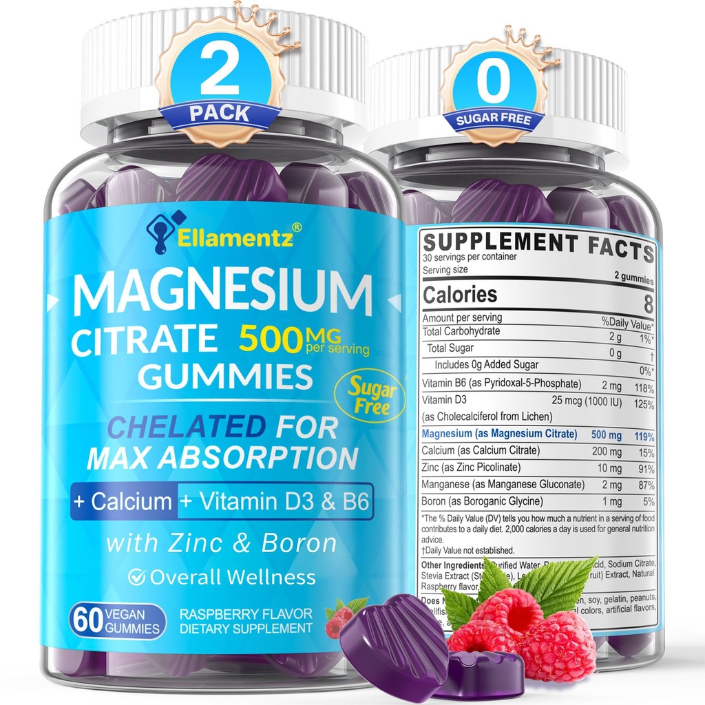 Citrato de magnesio Gummies 500mg para Mujer Hombre Azúcar Gratis, Citrato de magnesio para el estreñimiento ¦ Gummies de Magnesio Chelated con B6 para Mood, Calma TENCalcium Magnesium Zinc D3 Suplemento para Bone &amp; Muscle