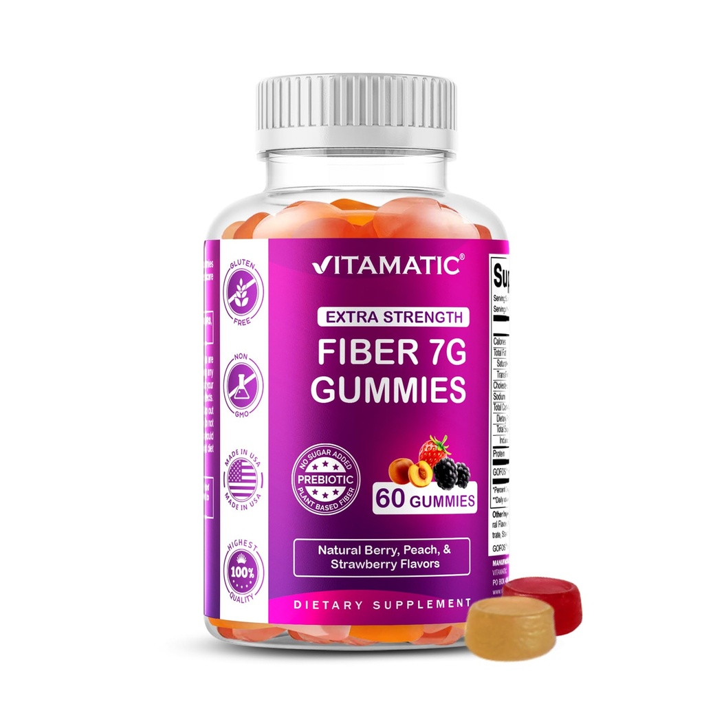 Vitamatic Prebiotic Fiber Gummies for Adults – 7g Fiber per Serving – 60 Pectin-Based Gummies Extra Strength, Zero Sugar Añadido – Apoya Digestive Health & Regularity – Non-GMO, Vegan, Gluten-Free