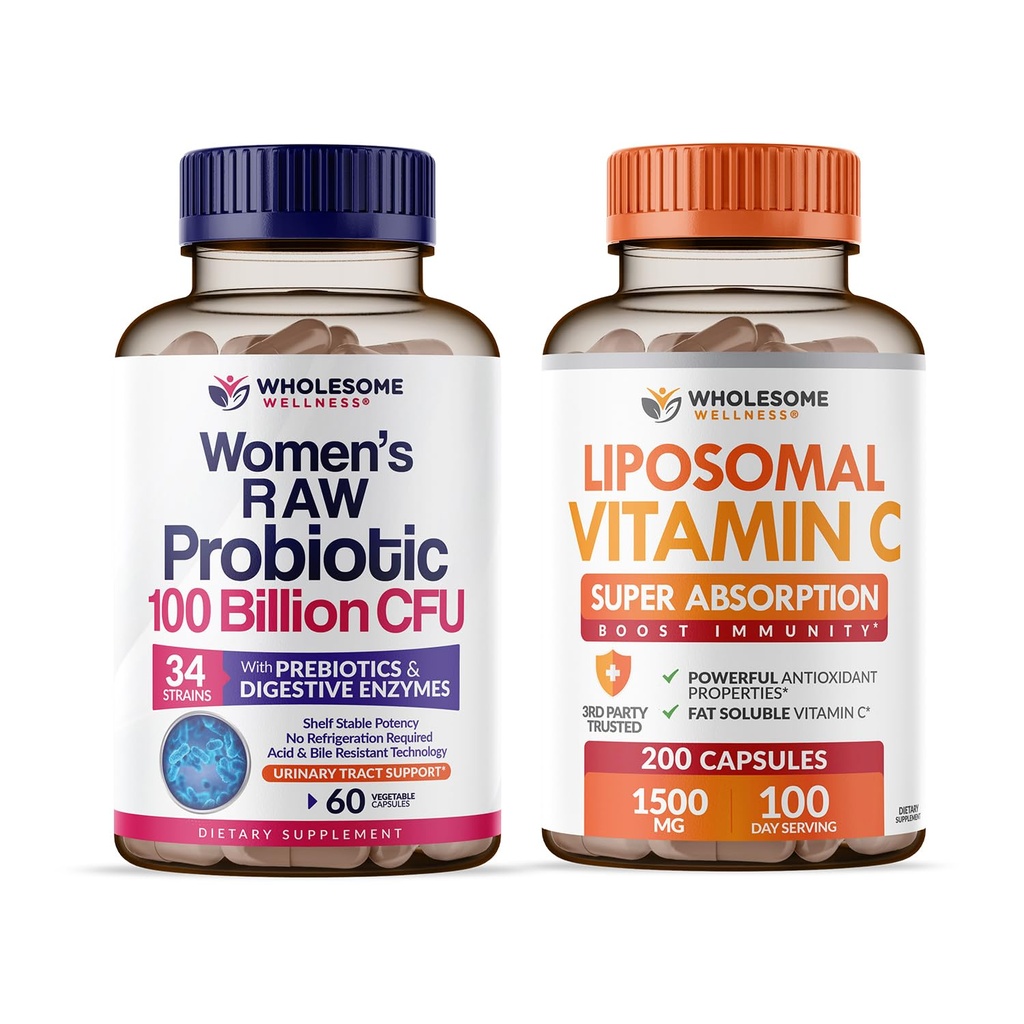 Probióticos de bienestar integral para mujeres 100 millones de UF con prebióticos, enzimas digestivas + vitaminas lipósmicas C capsulas de alta absorción, suplemento de ácido ascórbico