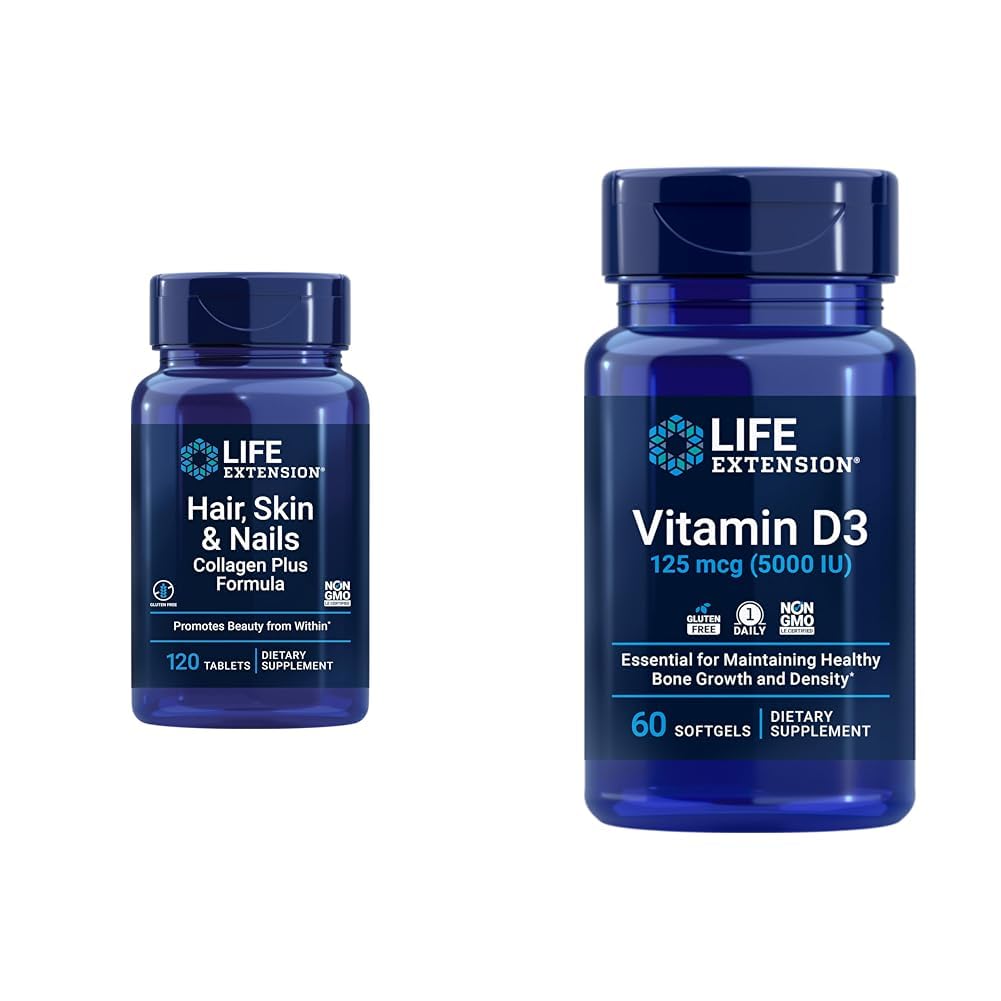 Pelo de extensión de vida, piel y uñas Collagen Plus Fórmula con vitamina D3 5000 UI - Promueve Collagen, Keratin, Bone, Cerebro, Inmune &amp; Salud de uñas - 120 Conde & 60 Softgels
