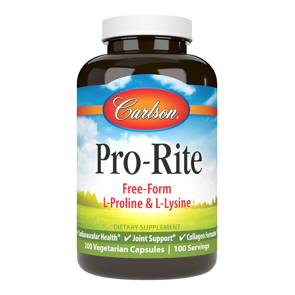 Carlson - Pro-Rite, Free-Form L-Proline " L-Lysine, Health, Joint Support " Collagen Formation, 200 cápsulas