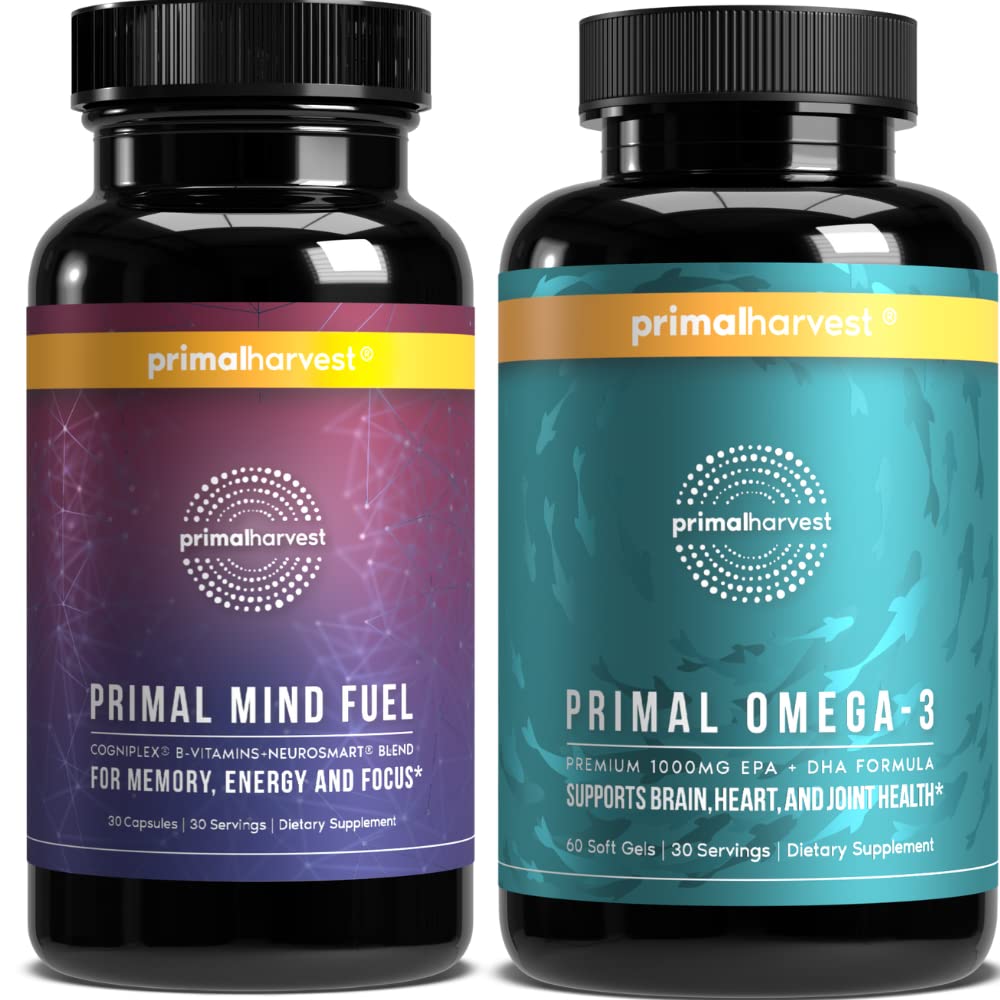 Primal Harvest Mind Fuel &amp; Omega 3 Suplementos para Mujeres y Hombres Fish Oil Capsules y Mente Fuel Brain Booster Pills Bundle