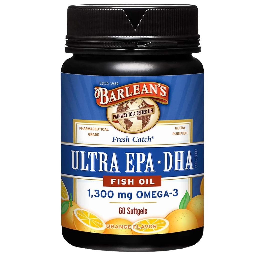 Suplementos de aceite de pescado Omega 3 de Barlean, Suplemento Softgels para hombres y mujeres, 1300 mg Ultra EPA y DHA Fatty Acids, Orange Flavored, 60 Conde