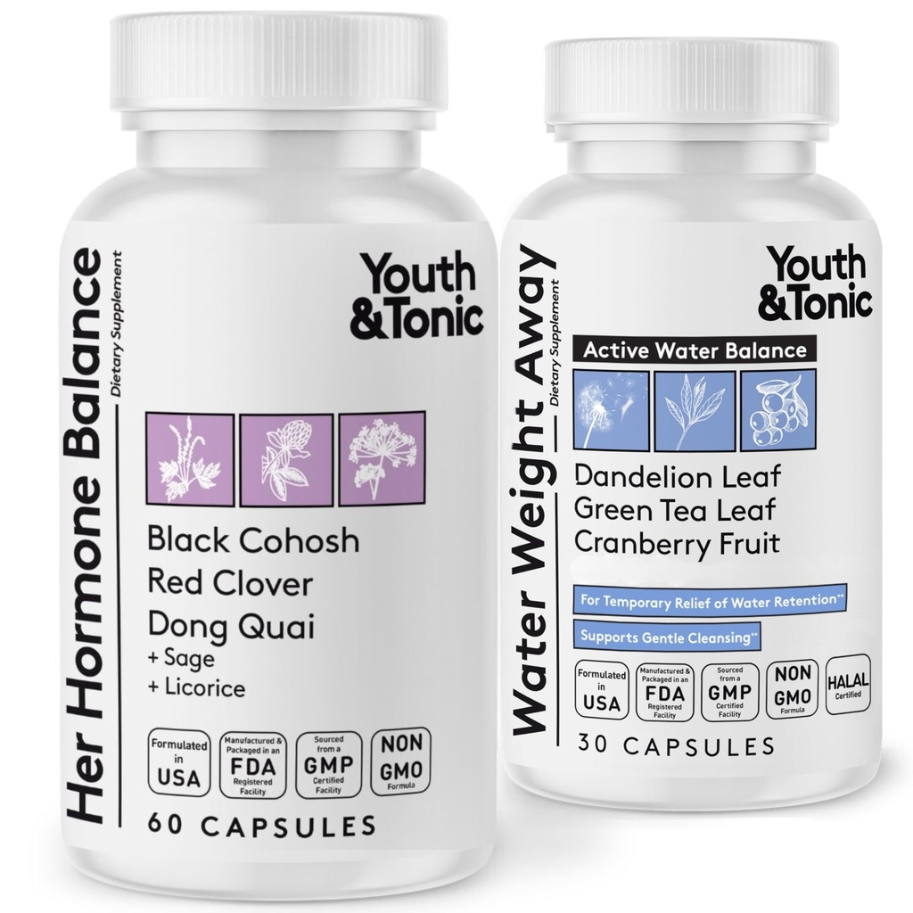 Jóvenes " Tonic PMS " Menopause Bloating Relief Duo – Apoyo para la eficiencia, equilibrio hormonal " Retención fluida – Su equilibrio hormonal + peso del agua Away Herbs Natural for Women, 90 Capsules