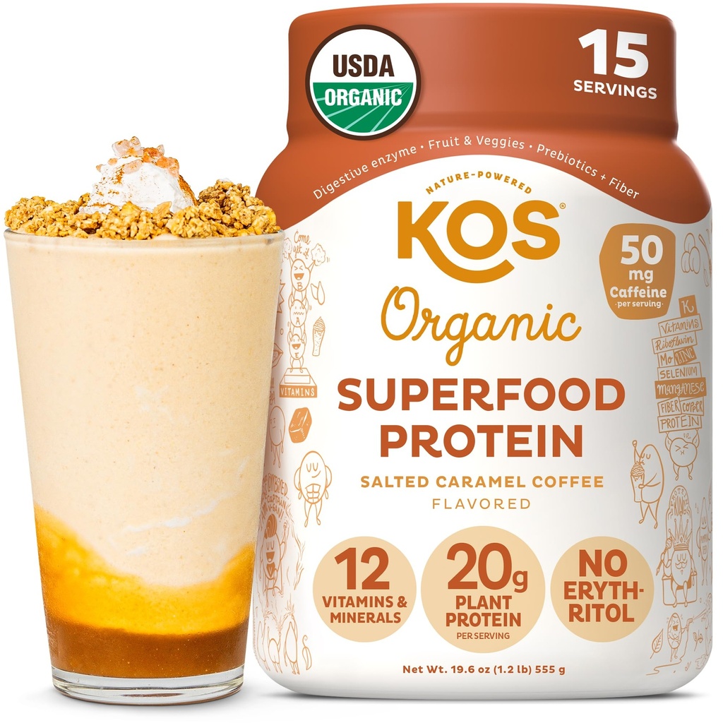 KOS Vegan Protein Powder, Salted Caramel Coffee - Low Carb Pea Protein Blend, Organic Plant Superfood Rich in Vitamins & Minerals - Keto, Dairy Free - Meal Replacement for Women &amp; Men - 15 Servings