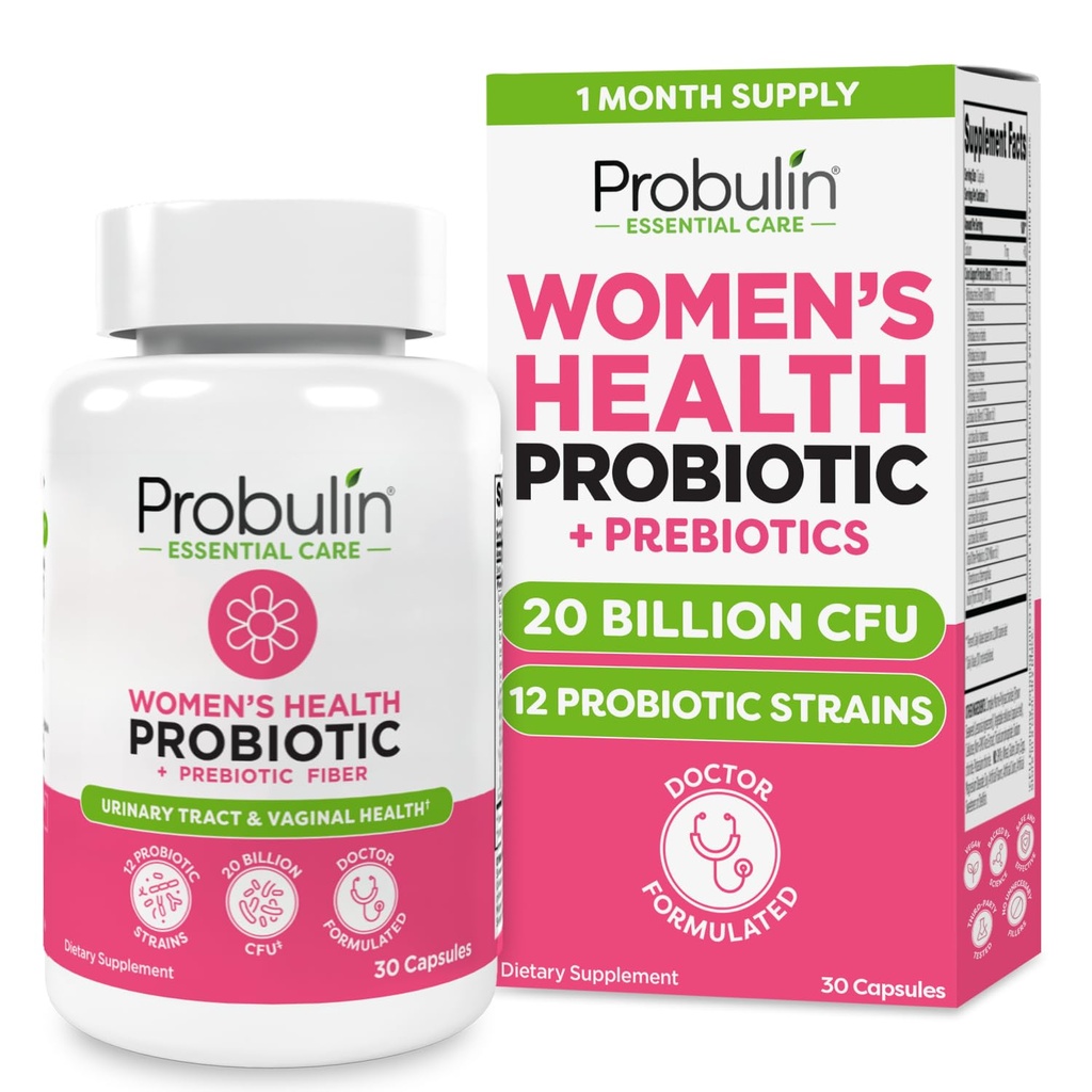 Probiótico Probulina Mujeres - Vaginal, UT, Gut &amp; Immune Health with Lactobacillus Reuteri - 20 Billion CFU, 12 Strains Probióticos & Prebióticos - 30 Vegan, Gluten Free Capsules for Whole-Body Wellness