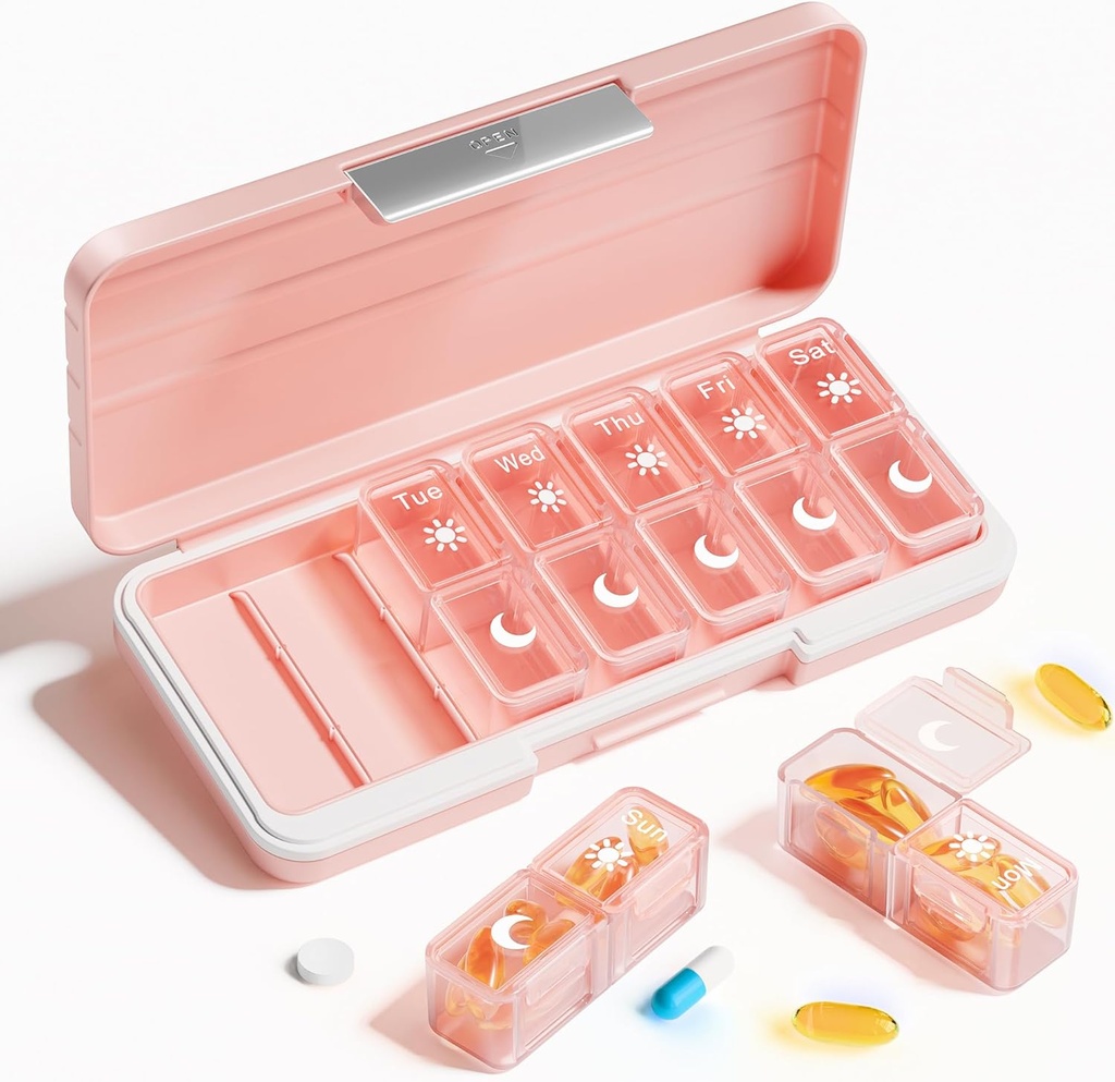 Betife AM PM Pill Organizer 2 Times A Day, 7 Day Pill Box Organizador semanal de píldoras Viaja con Container separado, Portable Daily Medicine Planner Dispenser Case for Vitamin, Fish Oils, Supplements