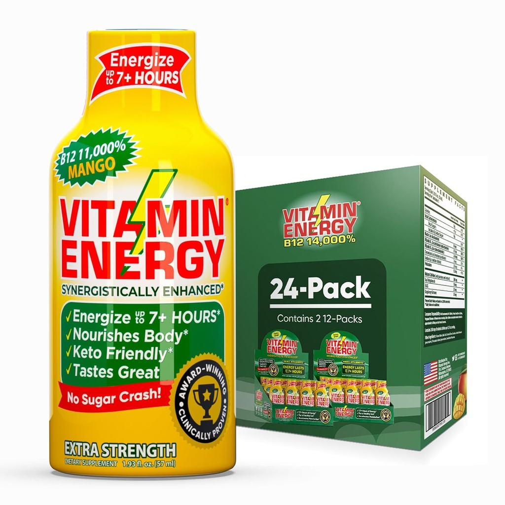 Vitamin Energy B12 11,000% Extra Strength Energy Shot Mango 24 Pack, 260mg Natural Caffeine, B12 &amp; B6, Nootropic Focus, Vitality, Zero Sugar, Gluten-Free, Vegan, Kosher, 1.93 fl oz