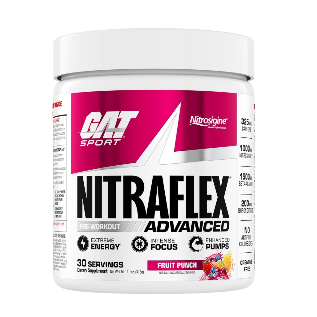 GAT SPORT Nitraflex Advanced Pre-Workout Powder, aumenta el flujo sanguíneo, aumenta la fuerza y la energía, mejora el rendimiento del ejercicio, hombres y mujeres (Fruit Punch, 30 servicios)