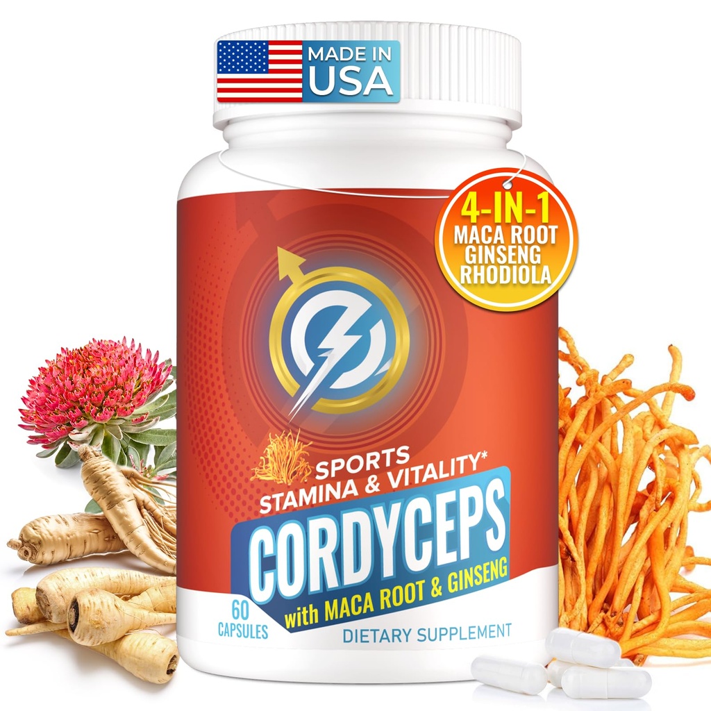 Cordyceps Mushroom Capsules - Immune & Energy Support Supplement with Cordyceps Militaris, Maca Root, Ginseng, Rhodiola, Mushroom Supplement for Endurance, Stamina, Athletic Performance, 60 cápsulas