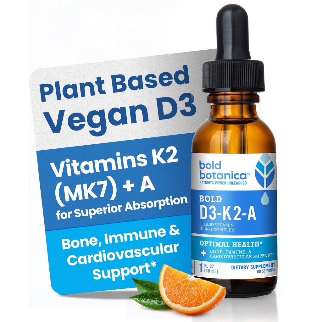 Bold Botanica D3-K2-A, Complejo de Vitamina Líquida, Vegan D3 de Algas Orgánicas con Vitamina K2 (MK7) y A para Immune Support, Natural Orange Flavor, Tastes Delicious, 1 FL OZ. (30mL)
